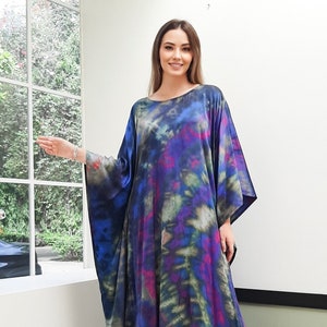 Tie dye dress  caftan women luxury 1960s gown, Green silk robe beach cover up, Green kaftan silk personalized gift for mom resort wear dress