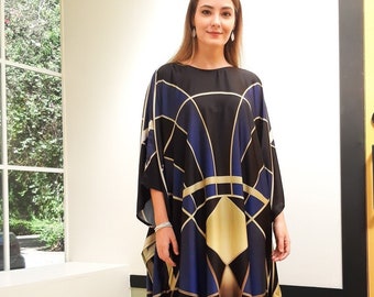Classic kaftan art deco print, blended silk kaftan summer gown, guest dress wedding beach wear, resort kaftan vacation trip cruise dress