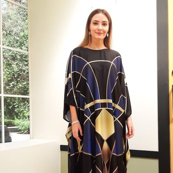 Caftán clásico con estampado art déco, caftán de seda mezclada, vestido de verano, vestido de invitada para boda, ropa de playa, vestido de crucero para viaje de vacaciones con caftán de resort