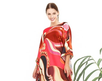 Red kaftan classic style, Vibrant kaftan full length, Resort wear kaftan blended silk beach wear, Gift for her, Plus size kaftan for women