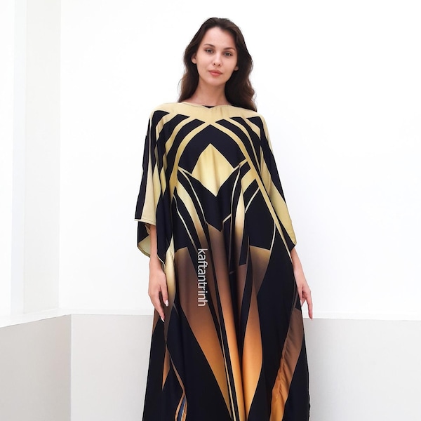 Caftán con estampado Art Decó clásico, caftán de seda mezclada de fácil cuidado, vestido caftán para vacaciones, caftán de crucero, ropa de resort hawaiana, regalo para ella