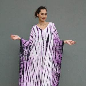 Handmade Tie Dyed Cotton Caftan: Purple Beach Cover-Up, Plus Size
