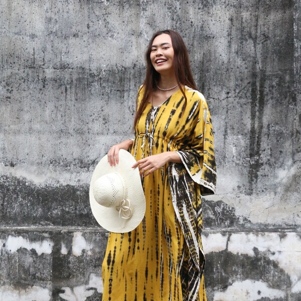 beach wear full length kaftan drawstring, tie dye dress yellow bohemian dress, summer dress plus size clothing maxi dress robe gift for her