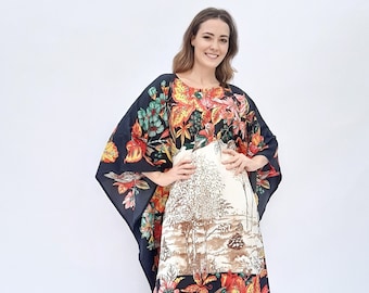 Garden Print Silk Kaftan Dress: Resort Beach Lounge Wear