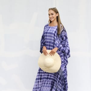 Handmade Tie Dye Cotton Kaftan: Blue Resort Dress, Plus Size Cover-Up