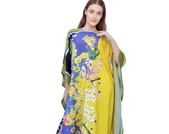 Luksusowy kaftan letni strój domowy, Kaftan w dużych rozmiarach, Jeden rozmiar pasujący do wszystkich kaftanów dla kobiet, Kwiatowy kaftan na podróż, strój plażowy, kurort