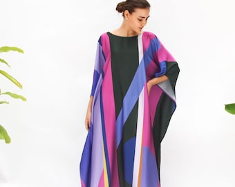 Kaftan z mieszanki jedwabiu z geometrycznym nadrukiem, szyty na miarę strój wypoczynkowy