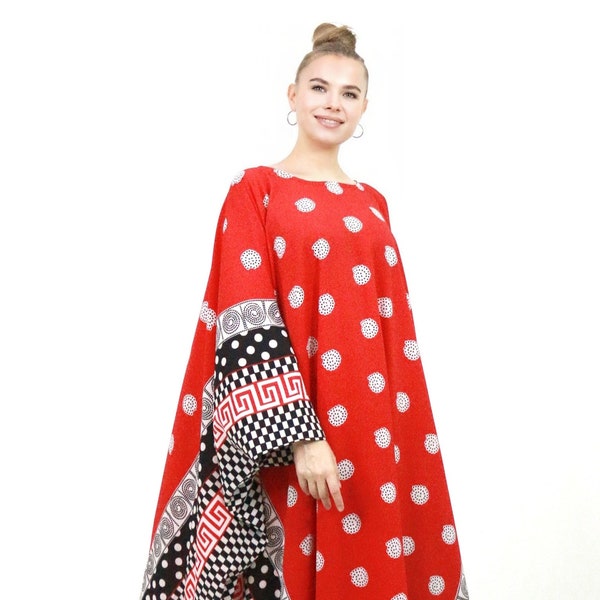 Red Kaftan Christmas, Polka Dot Kaftan Maxi Dress Bohemian Kaftan Crepe De Chine Silk Kaftan Full Length Blended Silk Loungewear Resort Gift