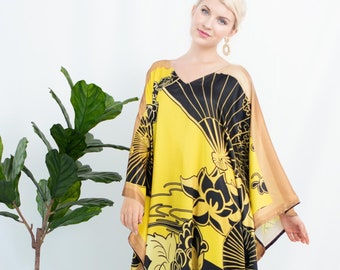 Silk robe plus size night gown, summer dress silk evening gown, yellow kaftan beach wedding maxi dress, Fan prints personalized gift for mom