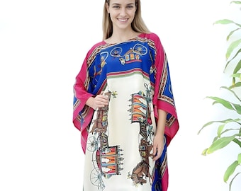 Blue Silk Kaftan Dress: Vintage Print Resort Wear