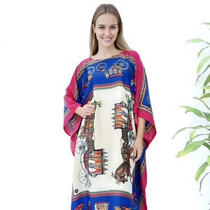 Blue Silk Kaftan Dress: Vintage Print Resort Wear
