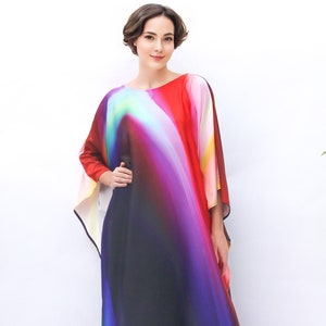Plus Size Kaftan Aurora Print, Vibrant Kaftan Silk Loungewear, Wedding Kaftan Maxi Dress Blended Silk- Silk Pool Cover Up Kaftan Full Length