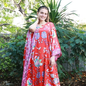 Floral dress beach wedding party, Red summer dress full length kaftan, silk robe evening gown plus size clothing, cruise trip vacation dress