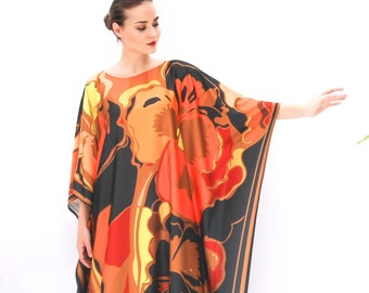 Orange Kaftan Brown Peony Floral Print, Plus Size Kaftan Summer, Blended Silk Kaftan Resort Wear, Full Length Kaftan Silk Gift for Mother