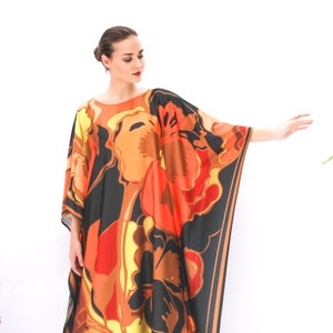 Orange Kaftan Brown Peony Floral Print, Plus Size Kaftan Summer, Blended Silk Kaftan Resort Wear, Full Length Kaftan Silk Gift for Mother