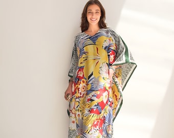Floral Twill Silk Kaftan, Yellow Lily Print, Beach Resort Wear