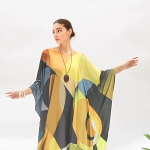 Caftán amarillo y negro, caftán largo a medida, caftán de seda mezclada con entrega rápida, caftán de playa tipo bata, regalo para ella
