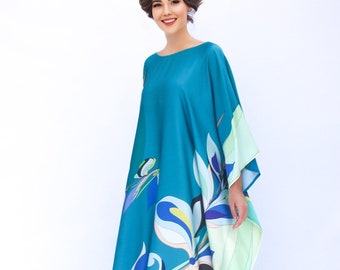 Blue Kaftan Floral Print, Vibe 60s Kaftan Elegant Resort Wear, Cruise Kaftan Vacation, Night Dressing Gown, Wedding Kaftan Maxi Dress Gift