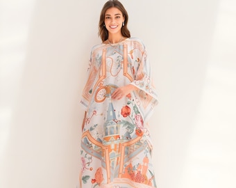 Floral Silk Dress Kaftan Gift for Sister, Flowy Kaftan Trendy Beach Wear Vacation Dress Cruise Ship Caftan Party, Pool Side Cover Ups Robe