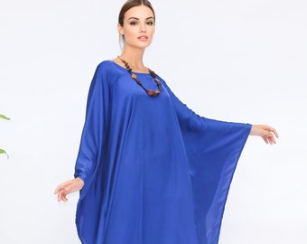 Blauer Kaftan aus Seidenmischung, Loungekleid in voller Länge, Plus Size Resort Wear
