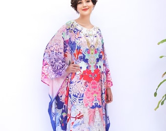 Lilac Kaftan Purple, Floral Kaftan Blended Silk, Blooming Kaftan Resort Wear Wedding Kaftan Dress Full Length Long Sleeves Kaftan Beach Wear