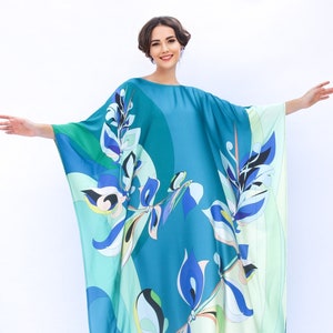 Beach cover up Blue kaftan wedding dress floral guest wedding dress 1960 gown vintage evening gown plus size blended silk kaftan full length