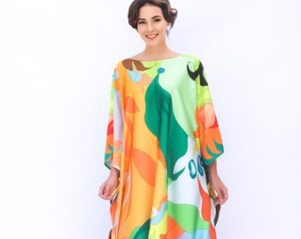 Abstract Silk Kaftan, Plus Size Flowy Resort Dress