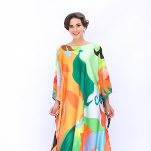 Green Kaftan Yellow, Plus Size Kaftan Abstract, Blended Silk Kaftan Flowy, Summer Silk Kaftan Long Length Custom Made Caftan Gift for Mother