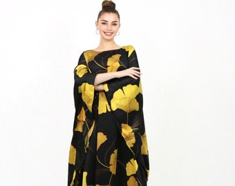 Gold kaftan ginkgo print, Soft kaftan resort wear holiday dress lounge wear, Beach wedding dress gift for her One size fit all kaftan luxury
