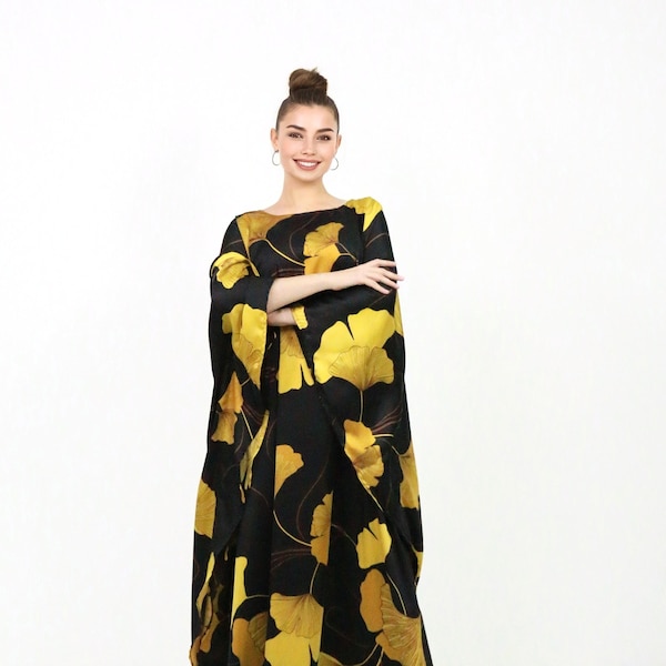 Kaftán dorado con estampado de ginkgo, caftán suave para vacaciones, vestido de descanso, vestido de boda en la playa, regalo para ella, caftán de lujo de talla única