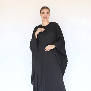 pleated kaftan black dressing gown, party dress maxi length, pleated caftan black cruise vacation dress long, black kaftan gift for mother