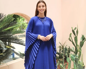 Blue Kaftan Dressing Gown, Wedding Kaftan Party Poolside, Pleated Kaftan Plus Size Gift for Mother, Resort Caftan Pleated Loungewear Kaftan