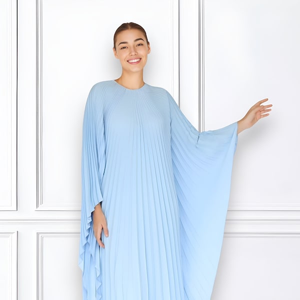 Sky Blue Caftan Pleated, Wedding Kaftan Party Poolside, Pleated Kaftan Plus Size Gift for Mother, Resort Caftan Pleated Loungewear Caftan