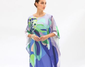 Voyage de croisière de vacances de robe abstraite de caftan bleu, vêtements de plage de robe de villégiature de caftan de vacances, caftan de soie mélangée pleine longueur, robe faite sur commande