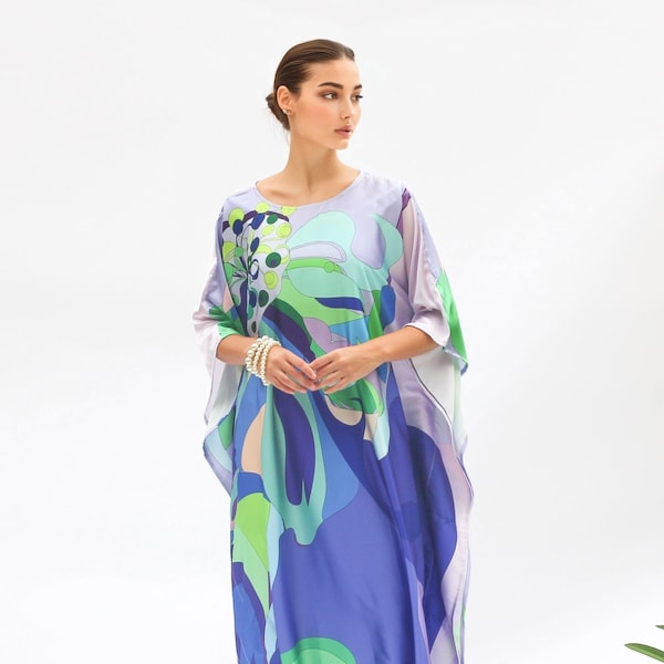 Blauwe kaftan abstracte jurk vakantie cruise reis, vakantie kaftan resort gewaad strandkleding, gemengde zijden kaftan volledige lengte, op maat gemaakte jurk