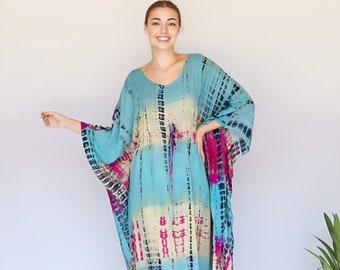 Tie dye dress resort wear, beach cover up, blue kaftan maxi dress, hippie clothing plus size summer night gown cruise trip for mothers to be