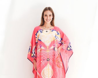 Pink Silk Kaftan Dress, Vintage Print Resort Wear, One Size