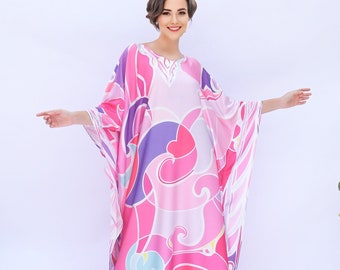 Pink Silk Kaftan, Psychedelic Art Print, Custom Made Plus Size