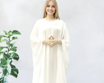 White Silk Blend Kaftan Dress, Plus Size Resort Gown