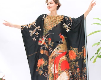 Peacock Kaftan Blended Silk Phoenix Kaftan Wedding Dress, Silk Loungewear Kaftan Resort Wear, Black Kaftan Full Length, Pool Cover Ups Silk