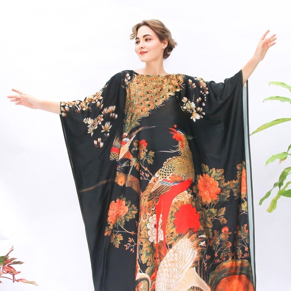 Peacock Kaftan Blended Silk Phoenix Kaftan Wedding Dress, Silk Loungewear Kaftan Resort Wear, Black Kaftan Full Length, Pool Cover Ups Silk