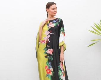 Classic kaftan floral dress wedding guest, Floral kaftan theme vintage, Spring lounge wear kaftan silk blended, Cruise kaftan travel dress
