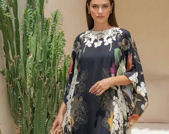 Luxury kaftan black and white with floral print : blend silk kaftan for shorter women, classic theme