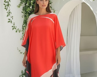 Red Silk Kaftan: Abstract Print Lounge Dress, Plus Size Resort Wear