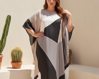 Robe caftan grande taille, tenues de villégiature pour femmes de grande taille, abstrait noir et blanc, mélange de soie