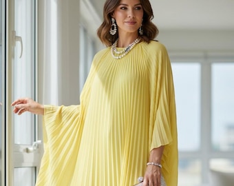 Vestido caftán plisado amarillo claro, seda de diseñador, tallas grandes