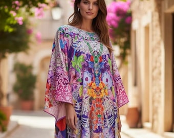 Vestido tipo caftán rosa fluido y elegante: ideal para la playa, talla única, confeccionado en mezcla de seda con estampado floral.