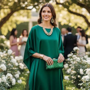 May include: A woman in a long, emerald green satin dress with a matching clutch and shoes. She is wearing gold jewelry, including a necklace, earrings, and bracelet. The background features white flowers and greenery.