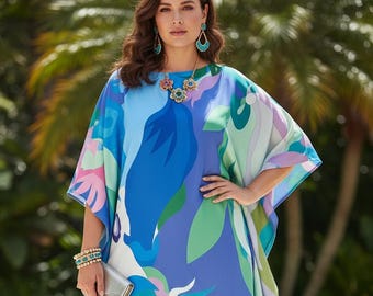 Plus size kaftan for tall women and curvy : Blue dress abstract, beach gown Miami, Gift for her