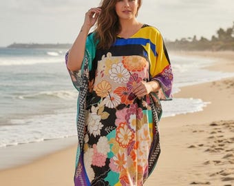 Floral Print Silk Blend Kaftan for tall women:  Robe Dress, Japanese Kimono Theme, Custom Length